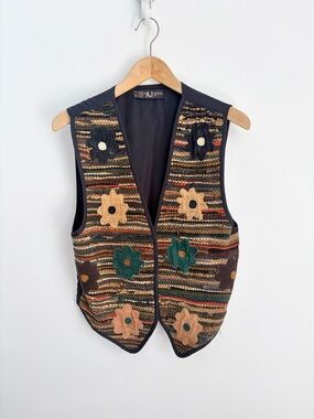 Vintage 1970s - Suede Patchwork Floral Applique Vest - Boho Festival - One Size